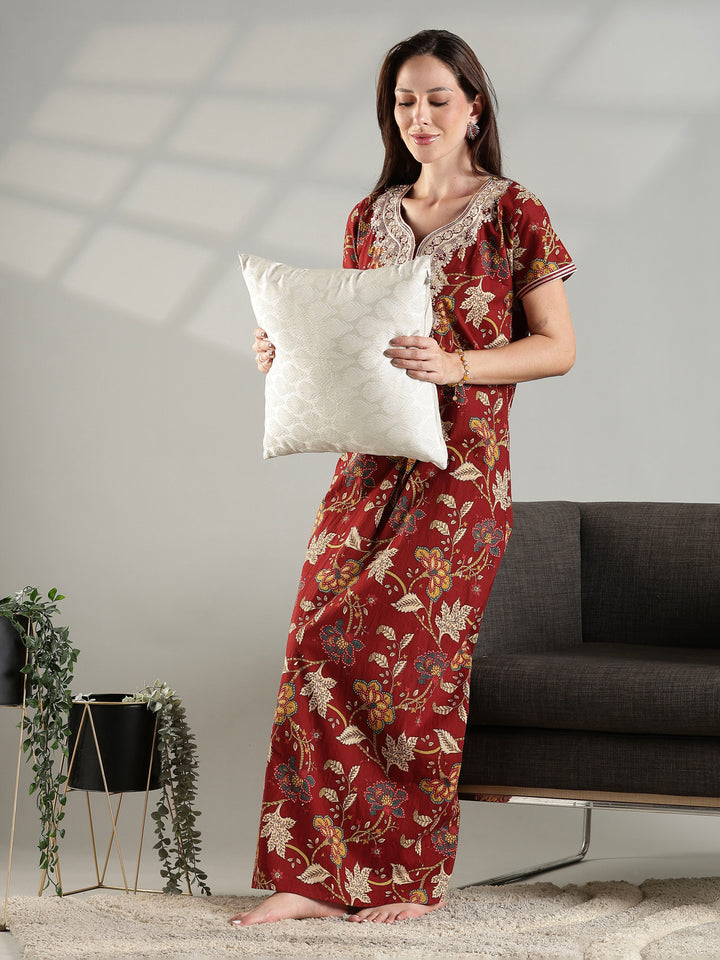 Rust floral cotton embroidery nighty for women with pocket