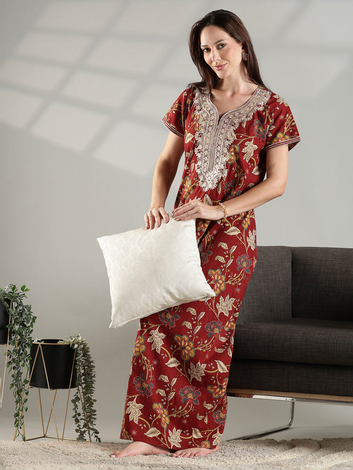 Rust floral cotton embroidery nighty for women with pocket