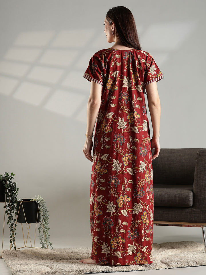 Rust floral cotton embroidery nighty for women with pocket
