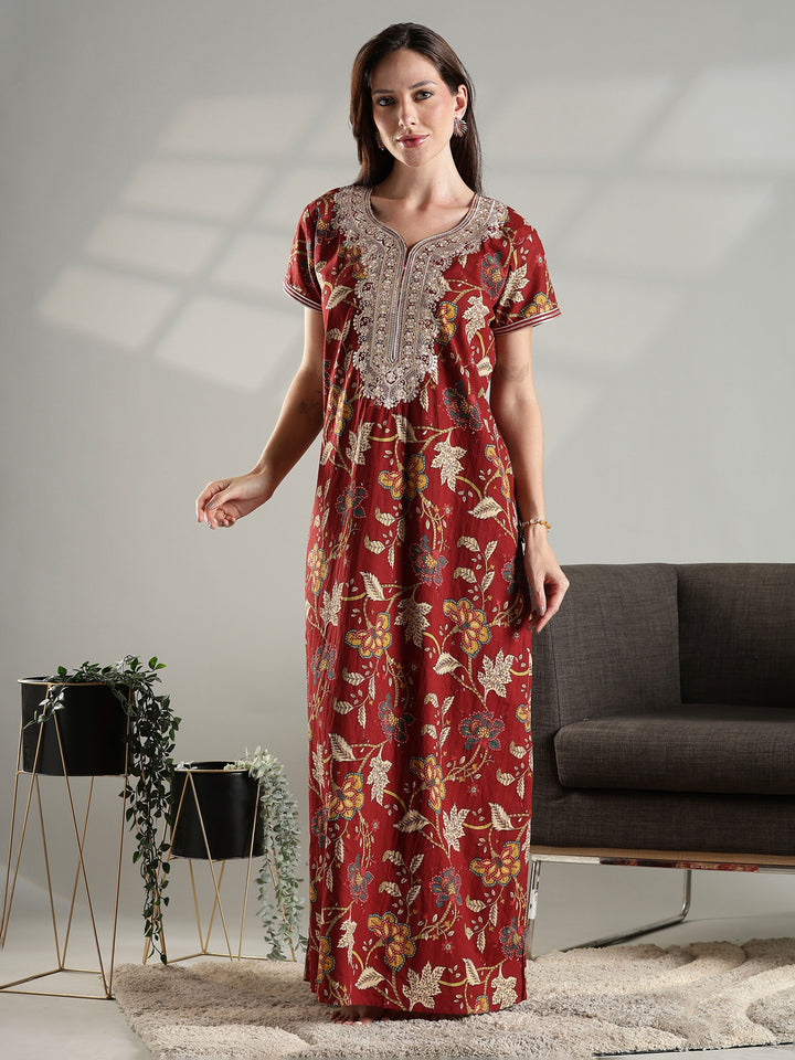 Rust floral cotton embroidery nighty for women with pocket