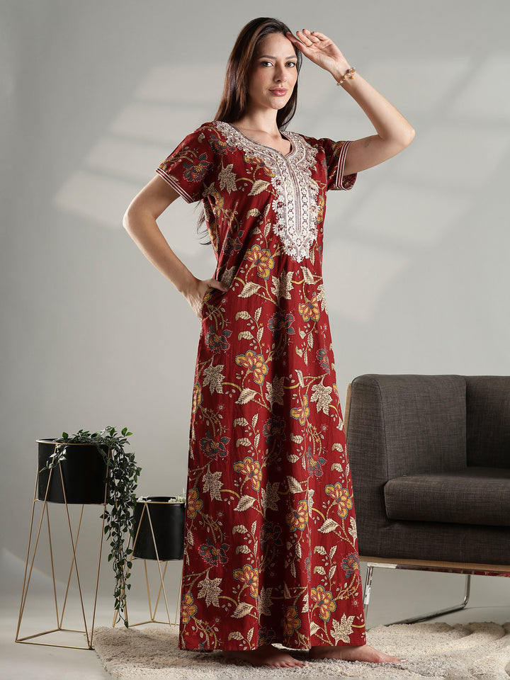 Rust floral cotton embroidery nighty for women with pocket