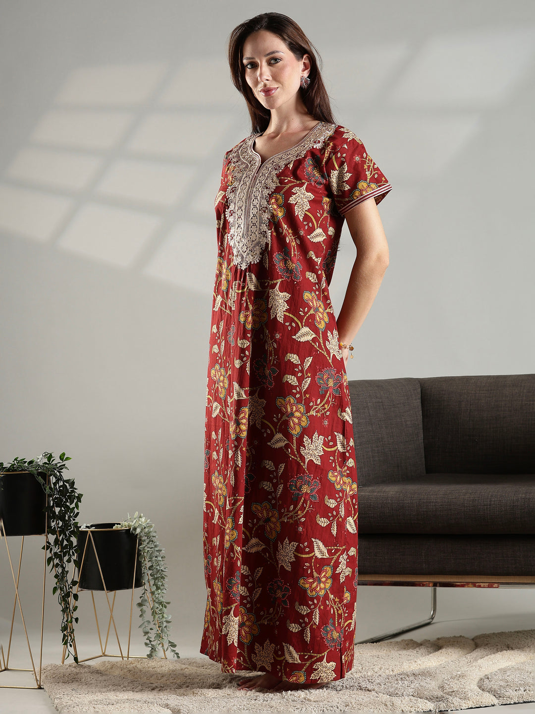 Rust floral cotton embroidery nighty for women with pocket