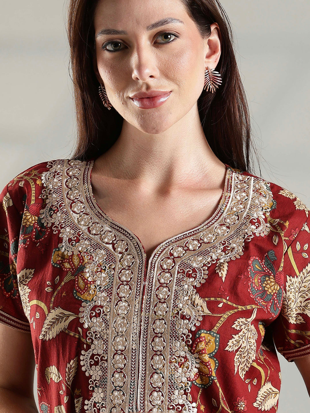 Rust floral cotton embroidery nighty for women with pocket