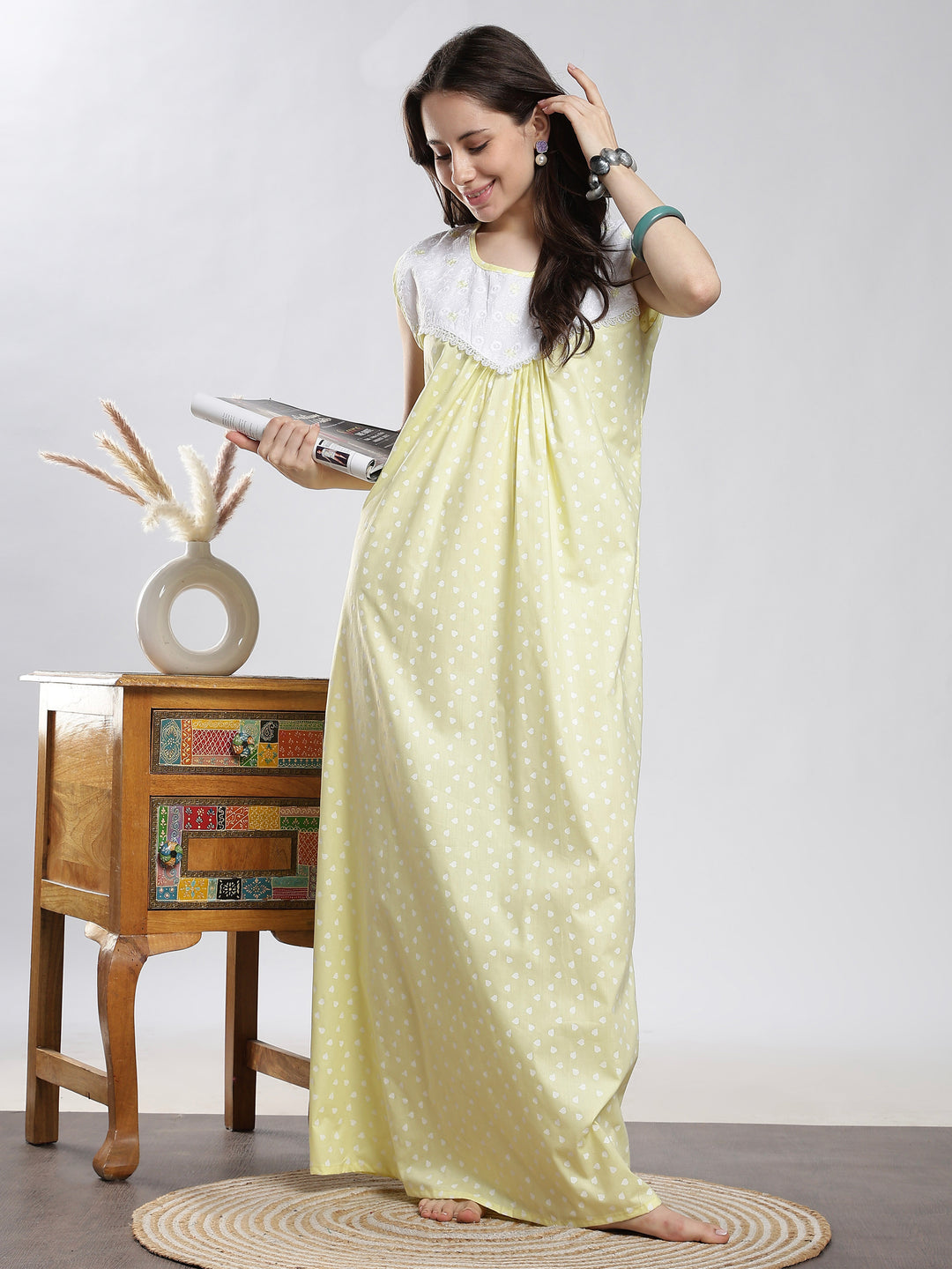 Heart print soft pure cotton sleeveless nighty for women