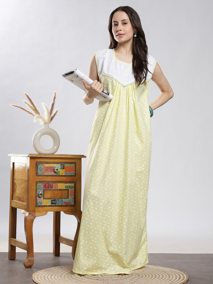 Heart print soft pure cotton sleeveless nighty for women
