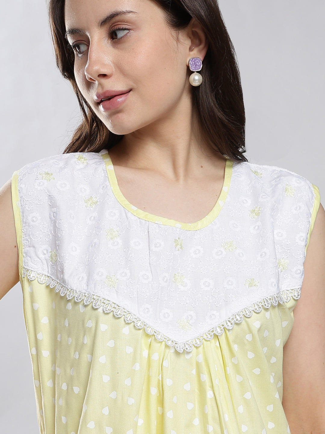 Heart print soft pure cotton sleeveless nighty for women