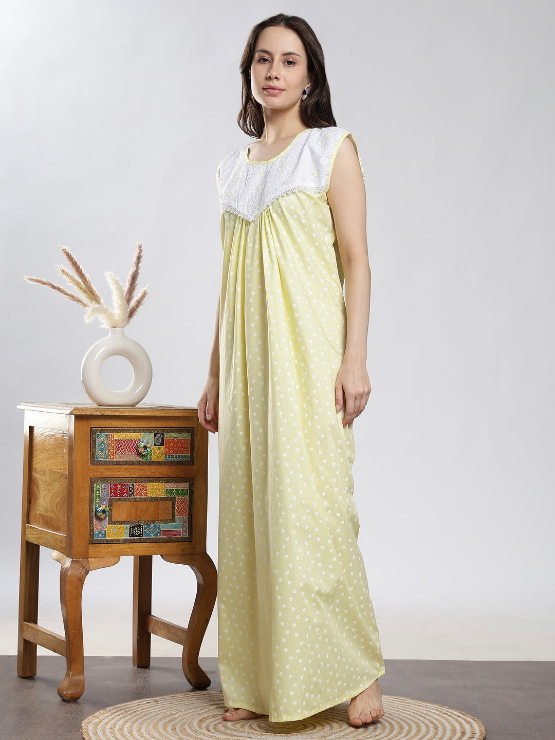 Heart print soft pure cotton sleeveless nighty for women
