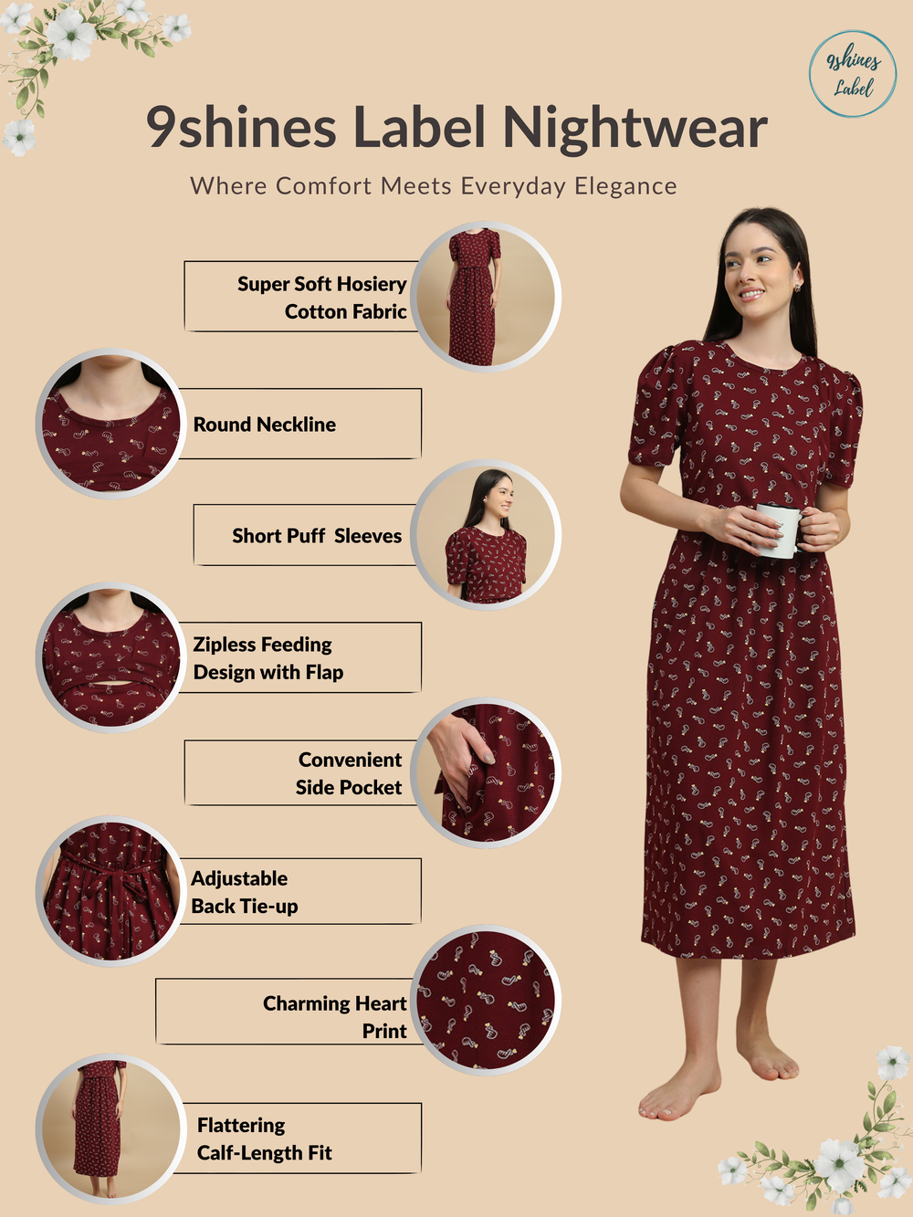 Berry hearts maternity and feeding nighty for women