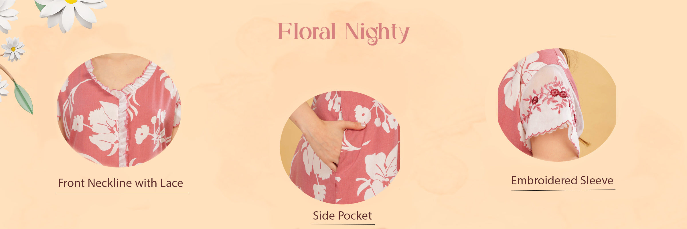 floral nighty features like lace neckline, embroidered sleeves, and side pocket