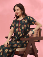 Pure Cotton Floral A Line Nighty with Kantha Embroidery in Mahek Forest