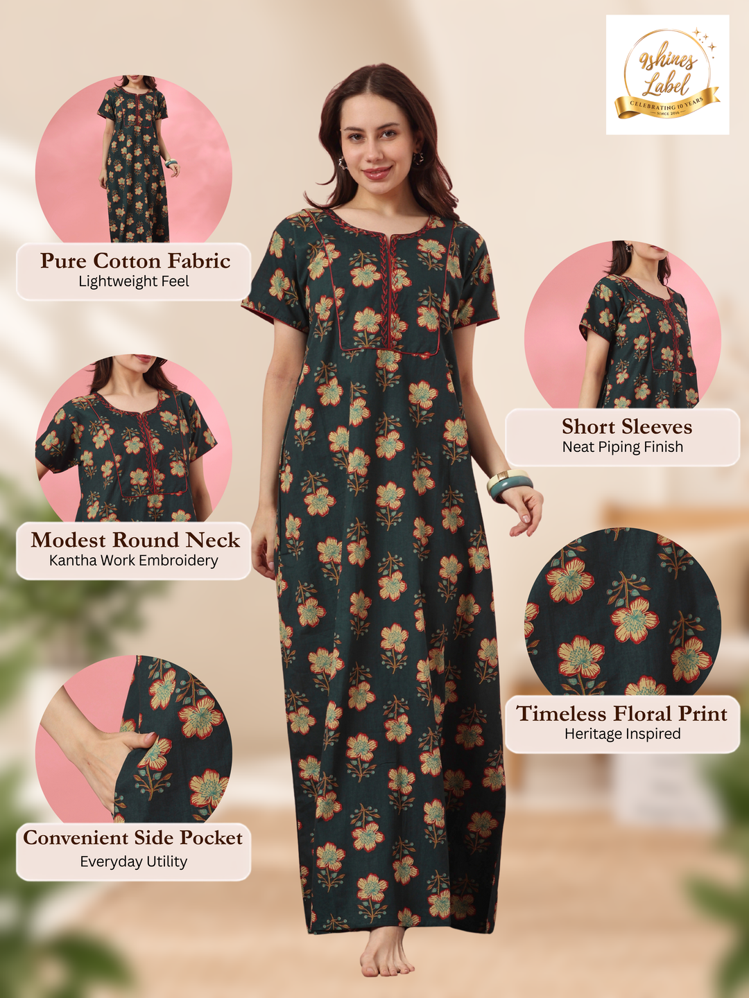 Pure cotton floral a line nighty dress in mahek forest
