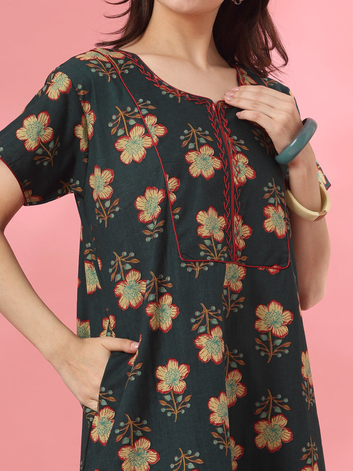 Pure cotton floral a line nighty dress in mahek forest