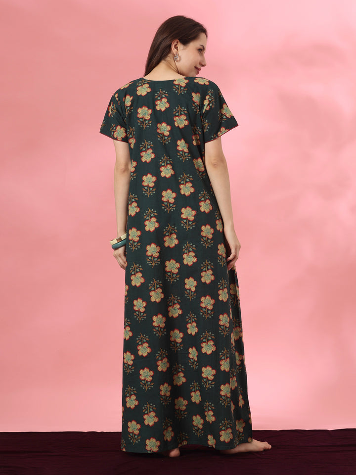 Pure cotton floral a line nighty dress in mahek forest