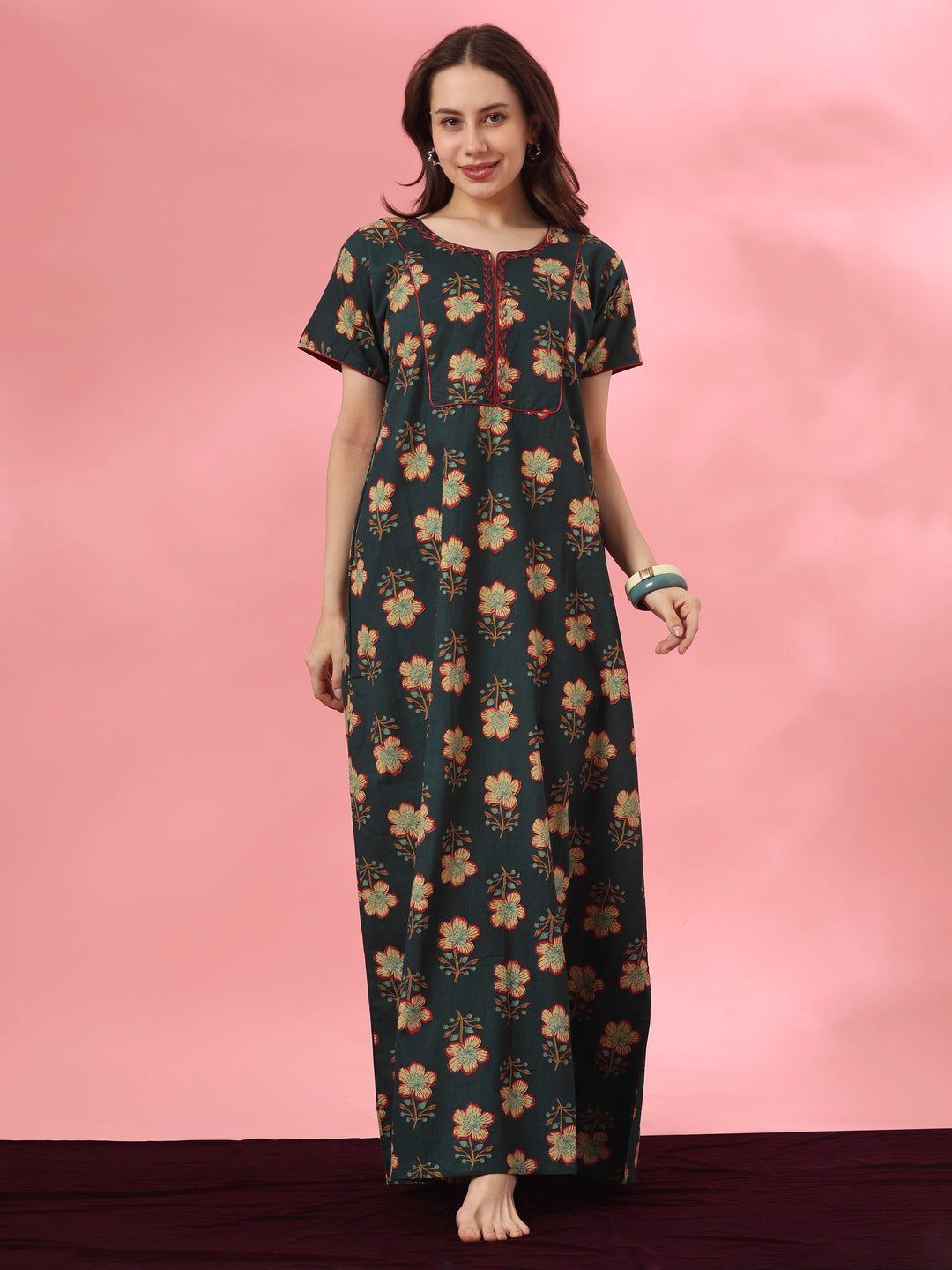 Pure cotton floral a line nighty dress in mahek forest