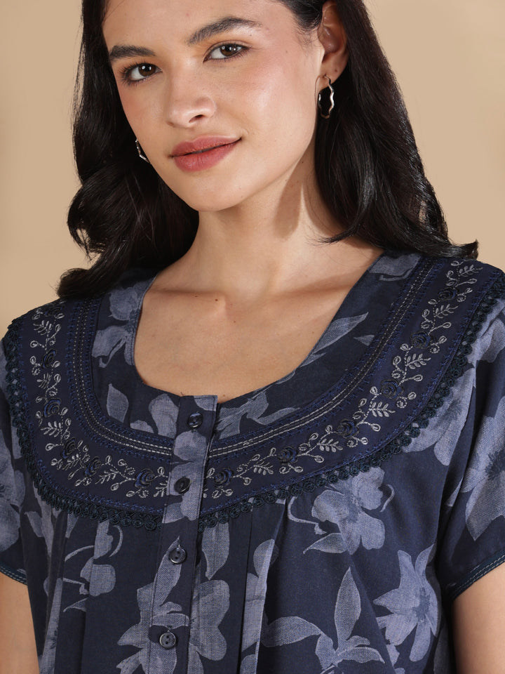 Blossom blue crush cotton designer nighty for women