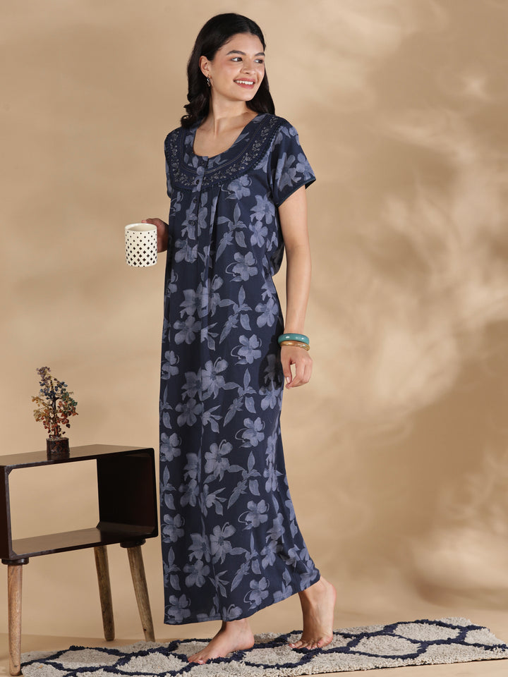 Blossom blue crush cotton designer nighty for women