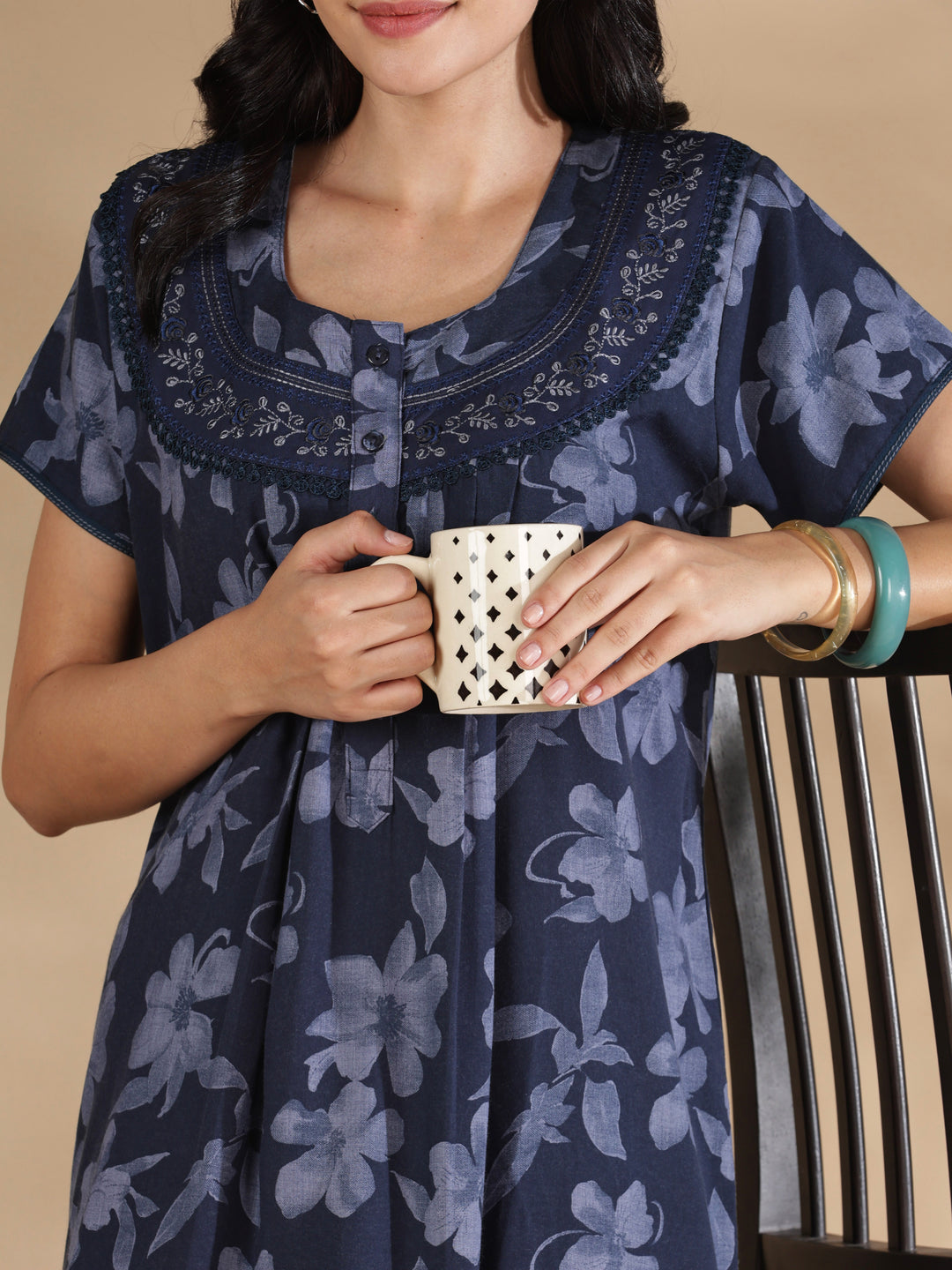 Blossom blue crush cotton designer nighty for women