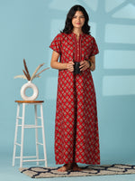 Pure Cotton Floral Butti Nighty with Decorative Button Panel in Flora Scarlet