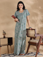 Sage Floral Cotton Blend Nightdress for Women with Embroidered Neck