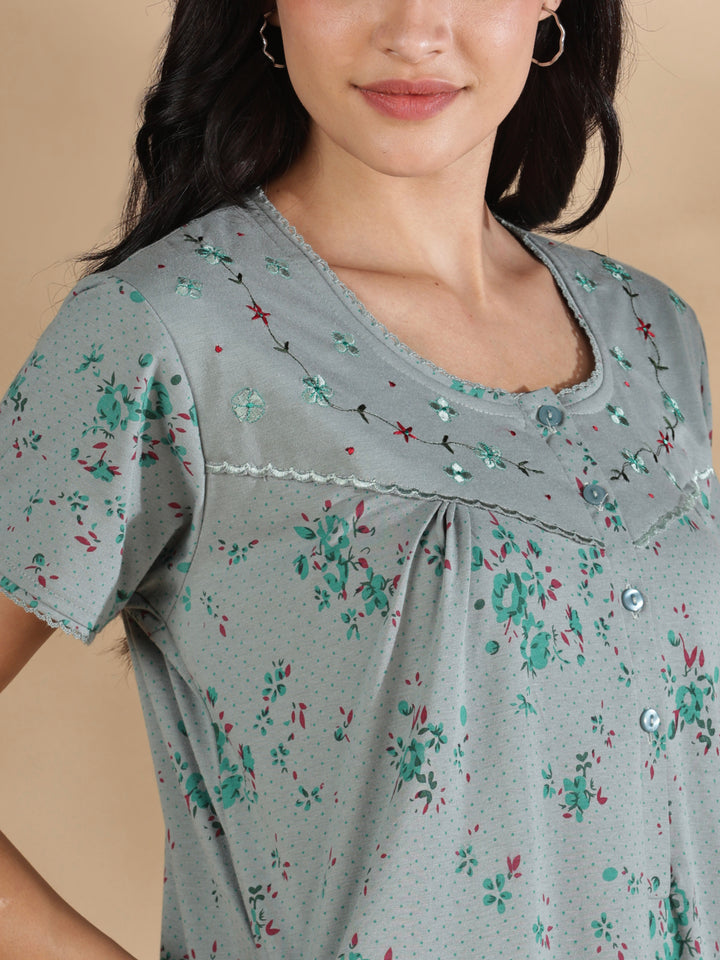 Sage floral cotton blend nighty dress for women online