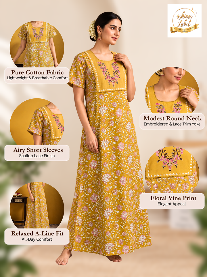 Mustard floral vine cotton nighty with embroidered yoke