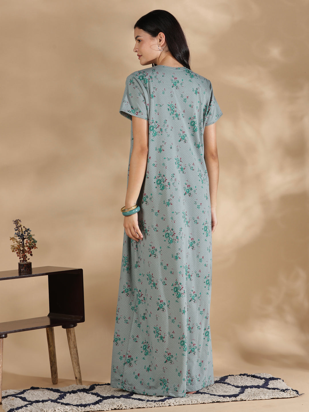 Sage floral cotton blend nighty dress for women online
