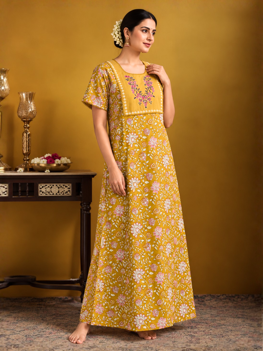 Mustard floral vine cotton nighty with embroidered yoke