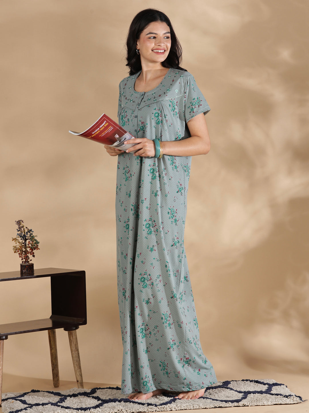 Sage floral cotton blend nighty dress for women online