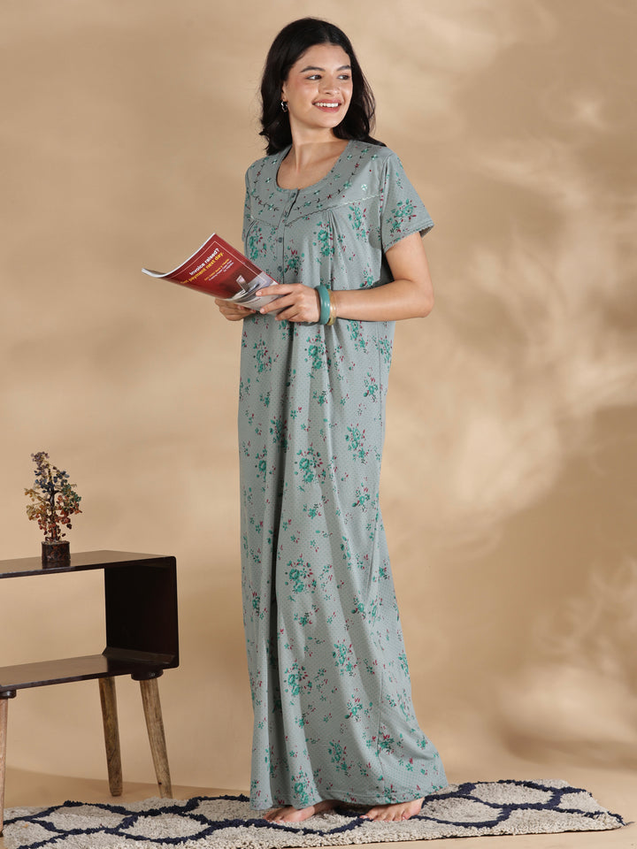 Sage floral cotton blend nighty dress for women online