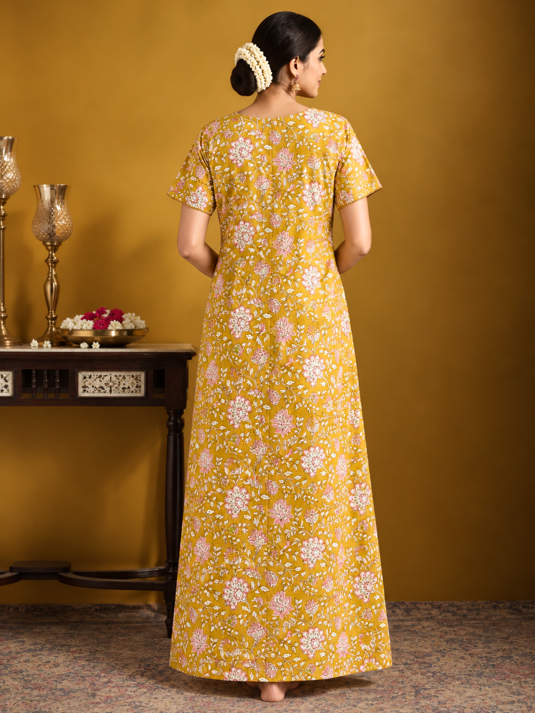 Mustard floral vine cotton nighty with embroidered yoke