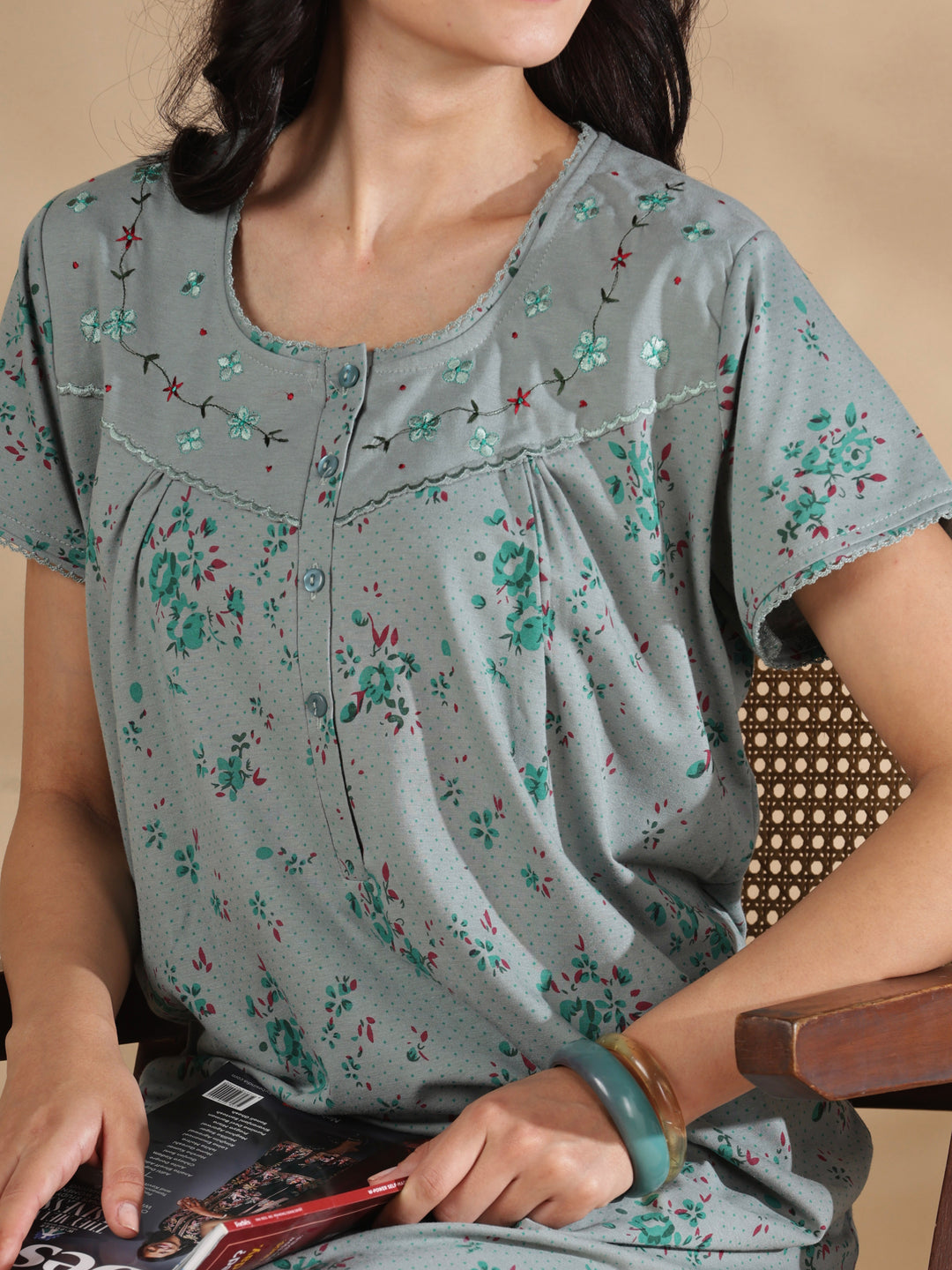 Sage floral cotton blend nighty dress for women online