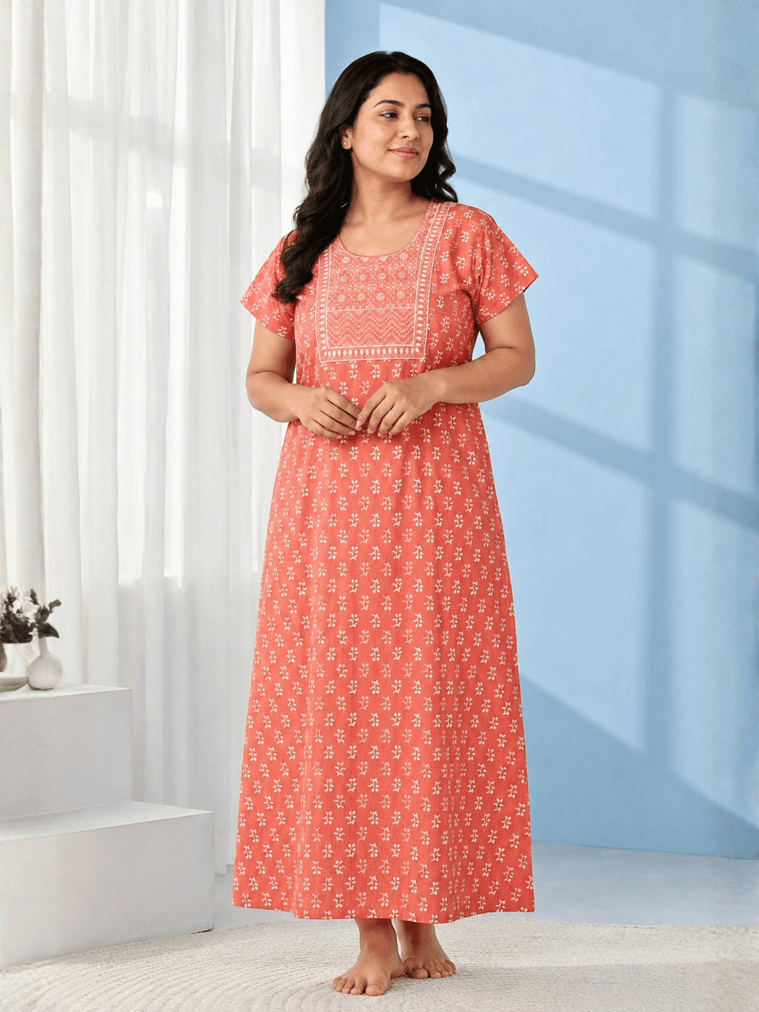 Elegant floral pure cotton long nighty for women online