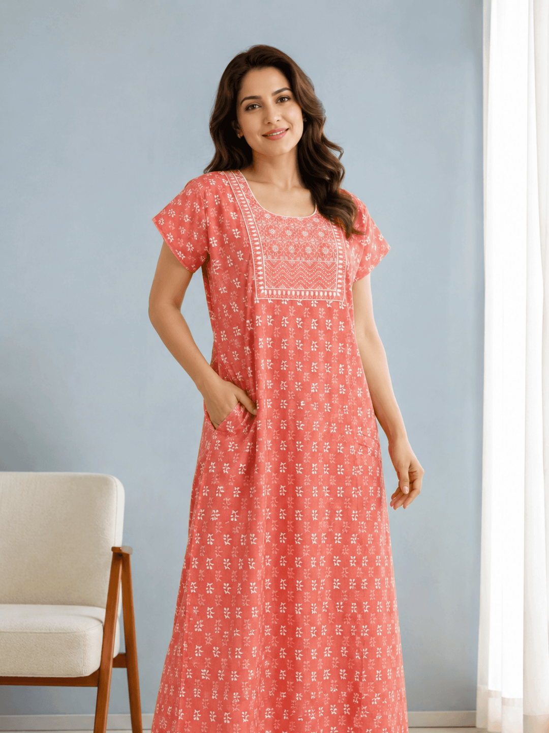 Elegant floral pure cotton long nighty for women online