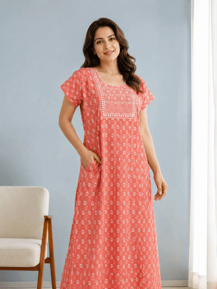 Elegant floral pure cotton long nighty for women online