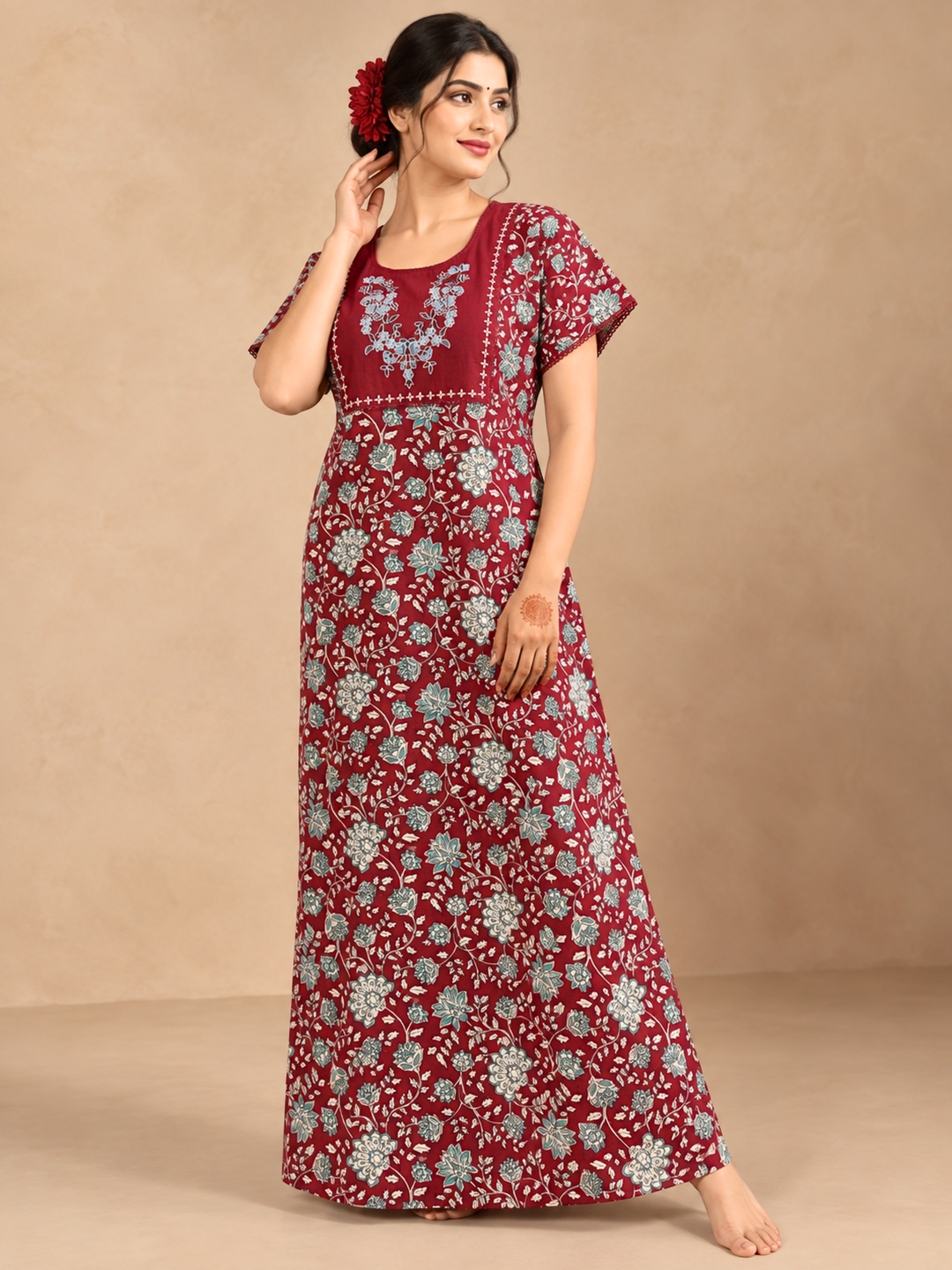 Red floral soft cotton nighty for women with side pocket