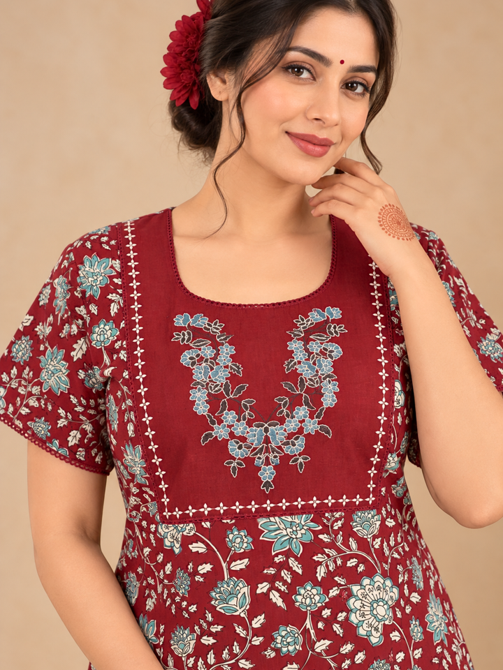 Red floral soft cotton nighty for women with side pocket