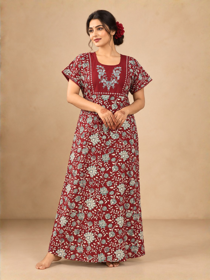 Red floral soft cotton nighty for women with side pocket