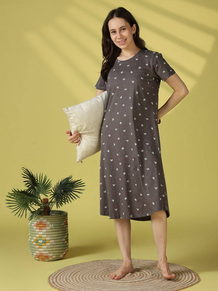 Grey flower floral cotton short nighty for women online
