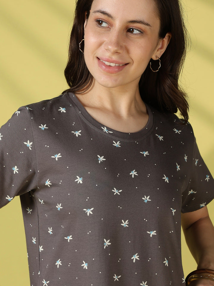 Grey flower floral cotton short nighty for women online
