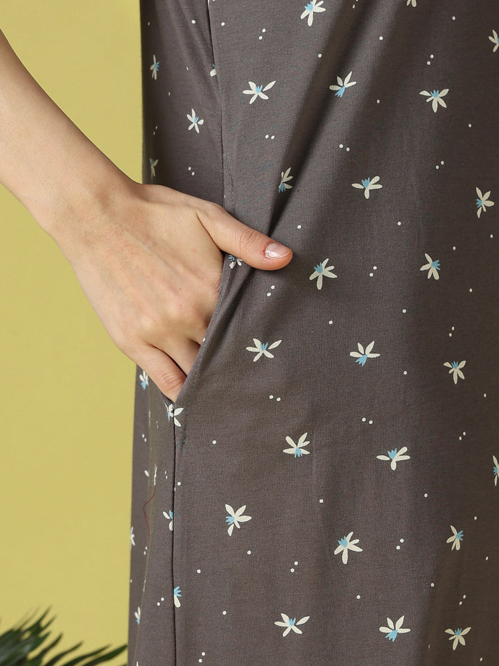 Grey flower floral cotton short nighty for women online