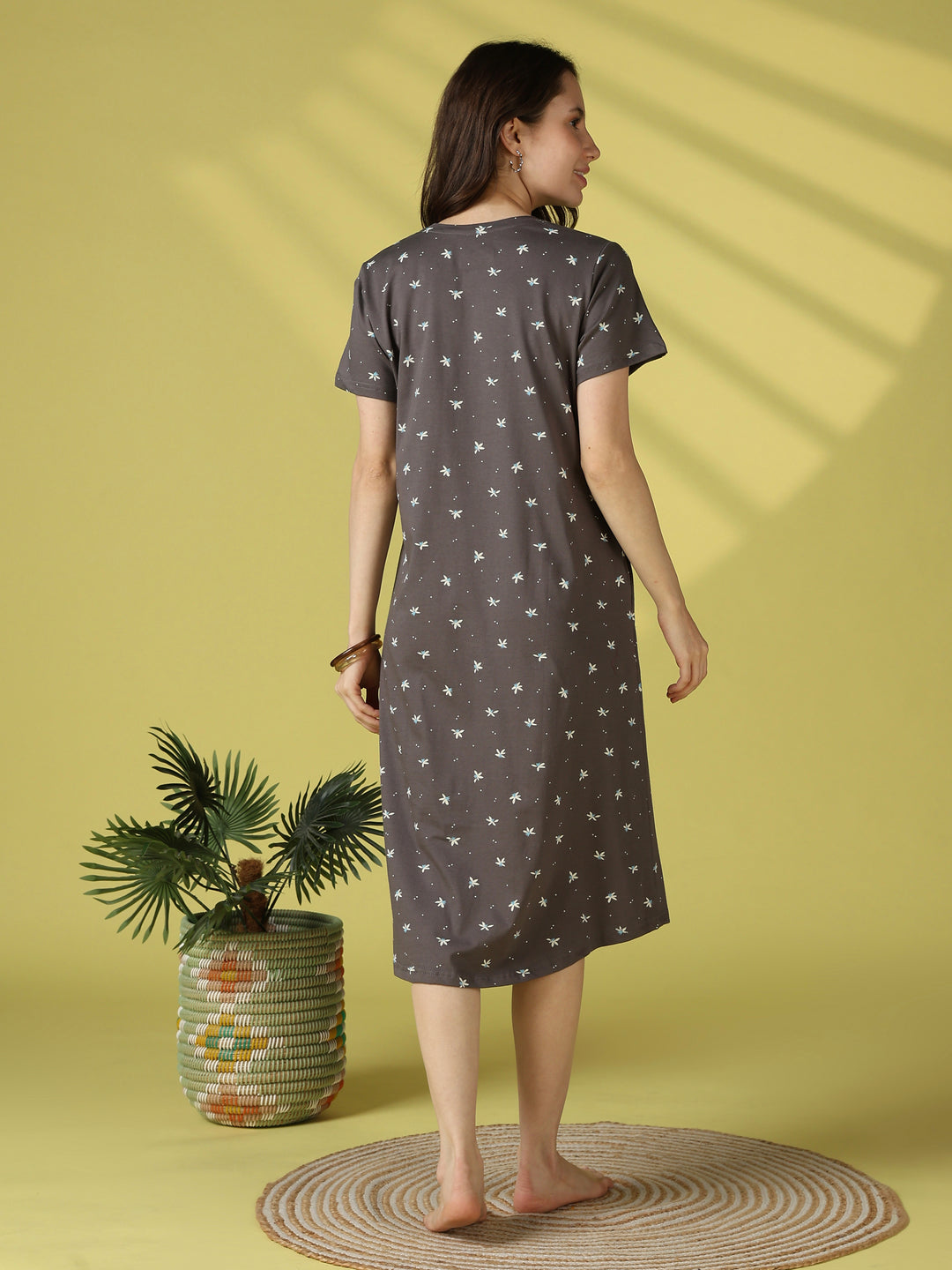 Grey flower floral cotton short nighty for women online
