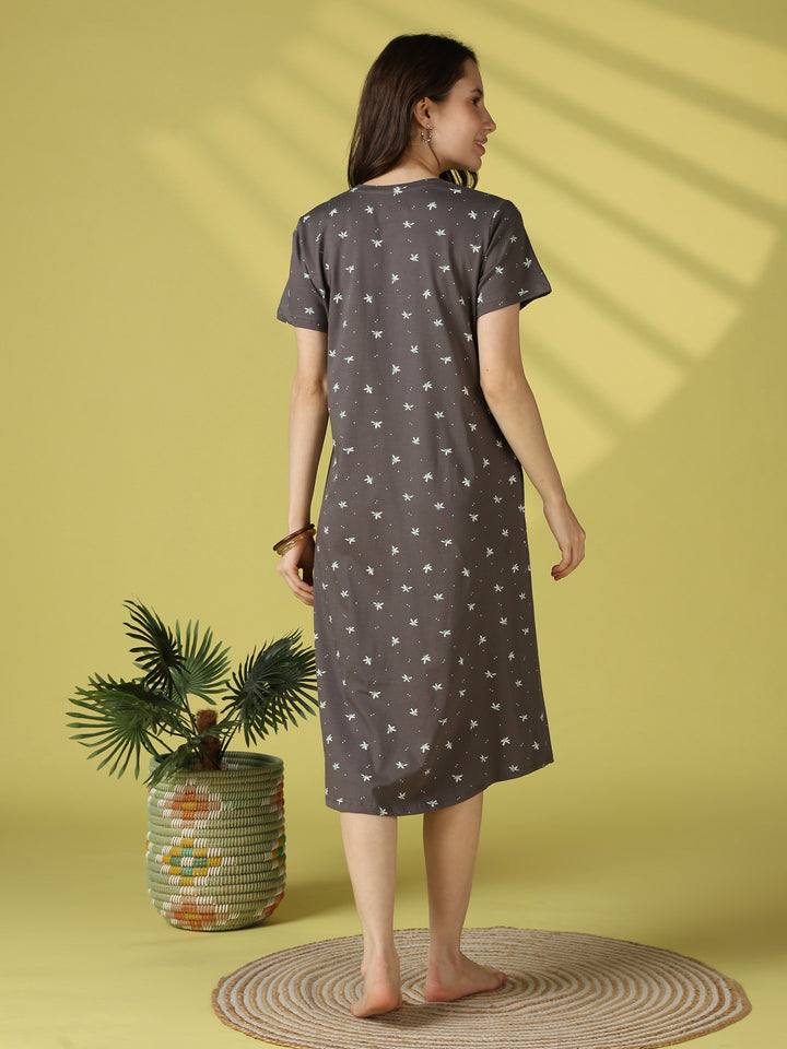 Grey flower floral cotton short nighty for women online