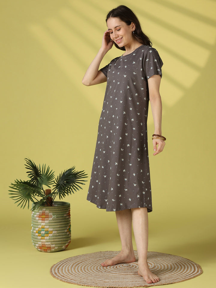 Grey flower floral cotton short nighty for women online