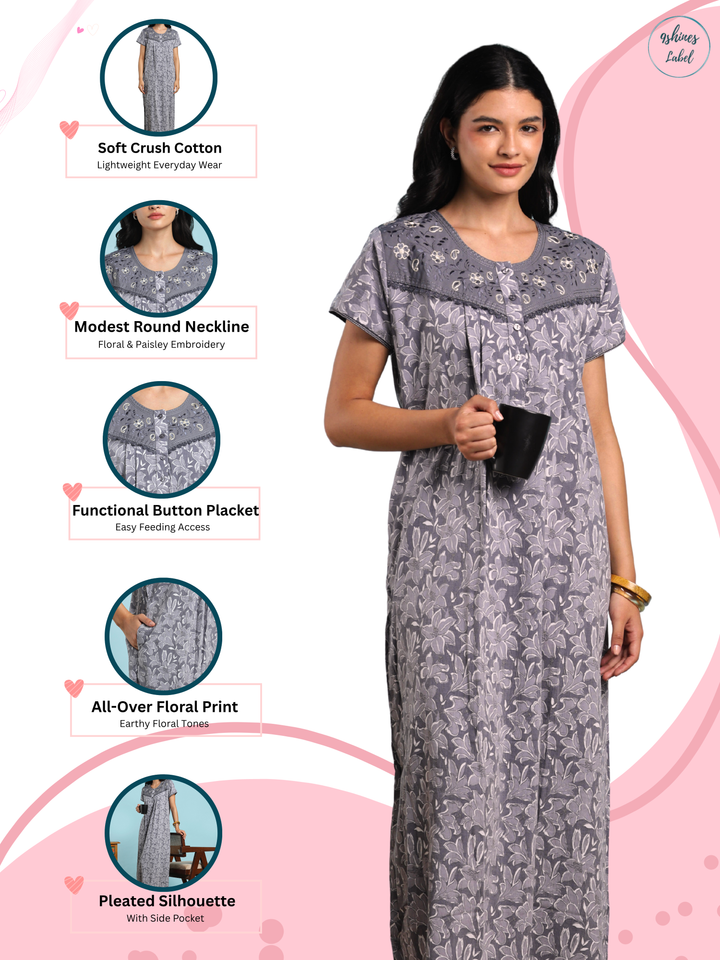 Grey crush cotton floral designer nightydress for women