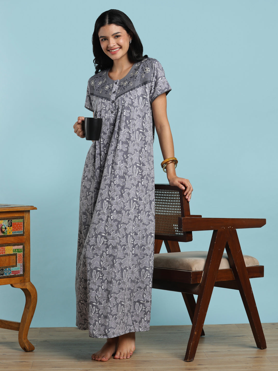 Grey crush cotton floral designer nightydress for women