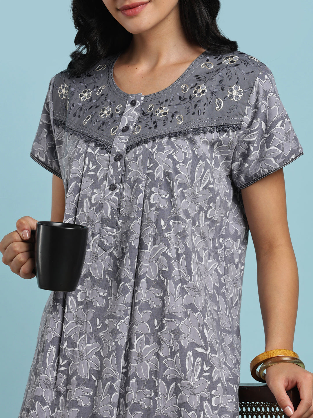 Grey crush cotton floral designer nightydress for women