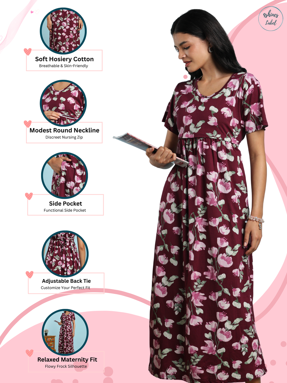 Wine maternity nighty for women with feeding zipper