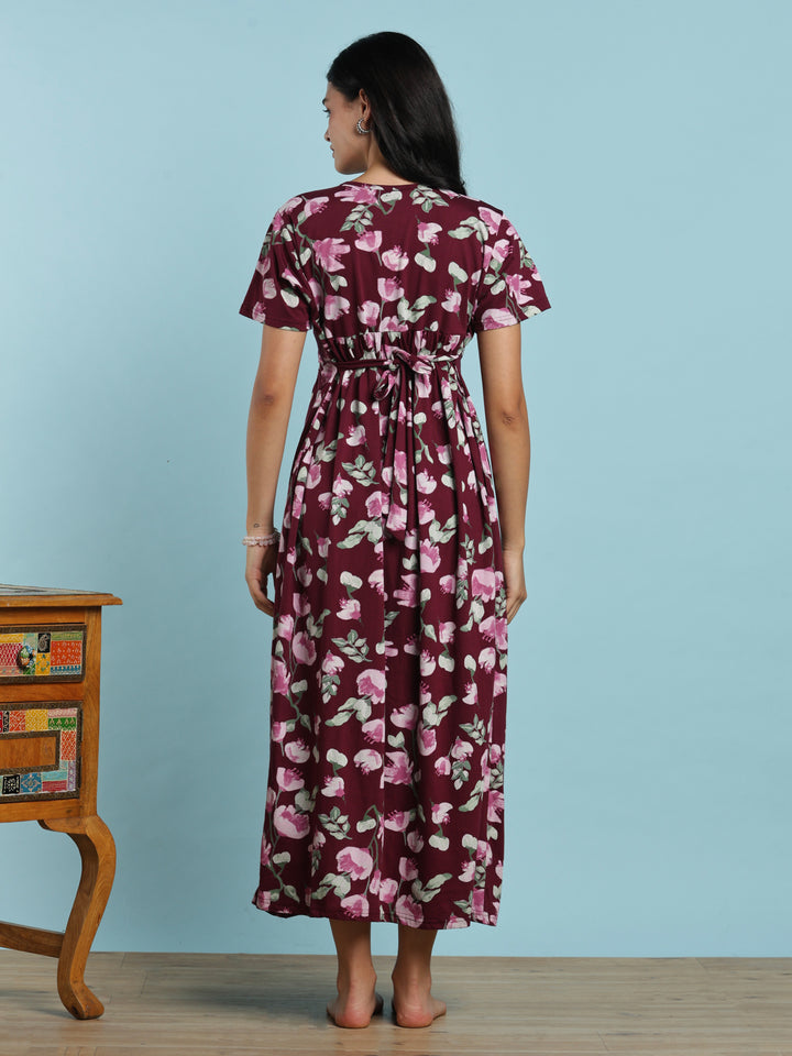 Wine maternity nighty for women with feeding zipper