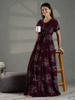 Wine Floral Long Nighty for Women Frock Style Soft Alpine Fabric