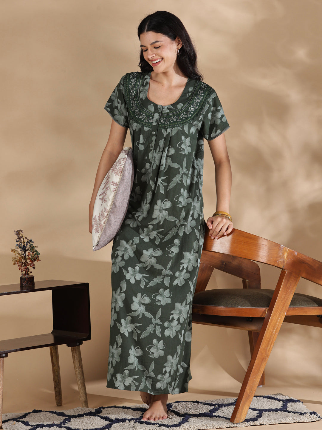 Blossom green crush cotton designer nighty for women.